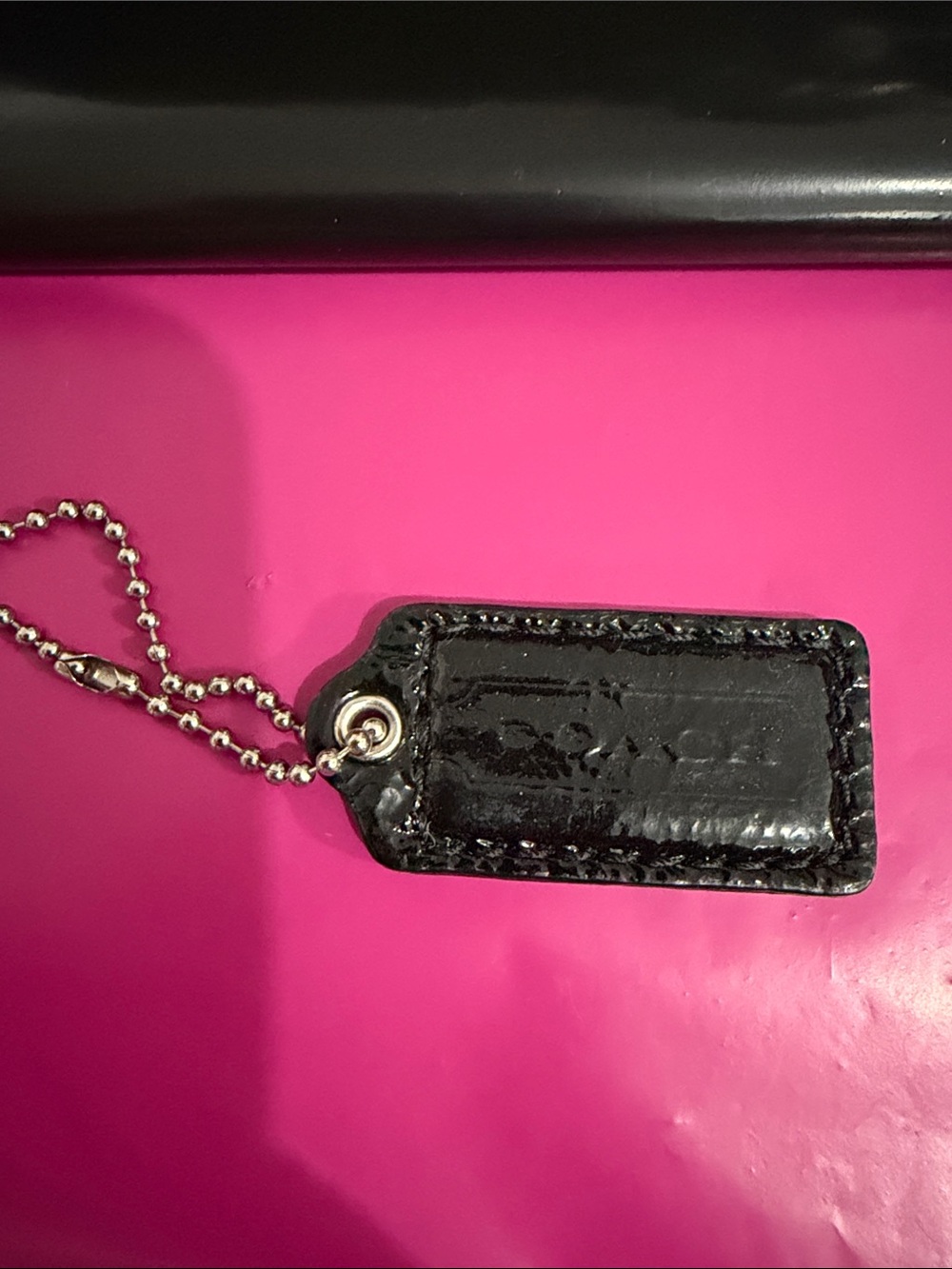Coach Black Patent Leather Tag Keychain with Ball Chain